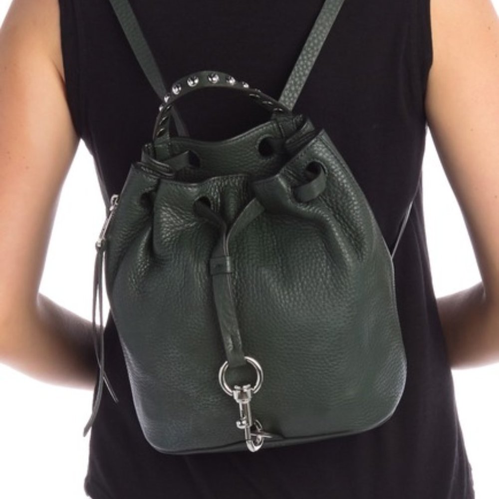 REBECCA MINKOFF Drawstring Studded Leather Backpack Pine Green